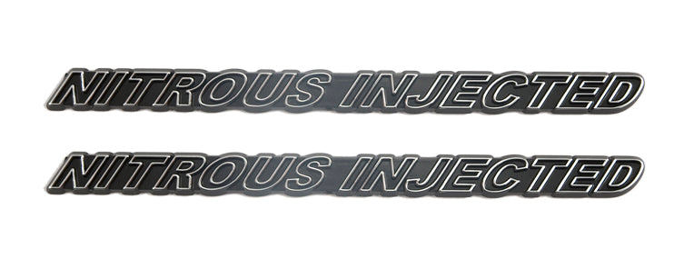 NOS Nitrous Injected Engine Emblems in Black with Chrome Trim - 7" Long Pair