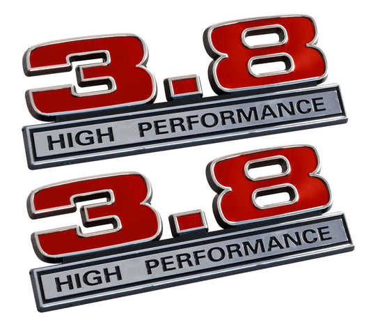 3.8 Liter 231 & 232 V6 Engine Emblems Badges in Chrome & Red - 5" Long Pair