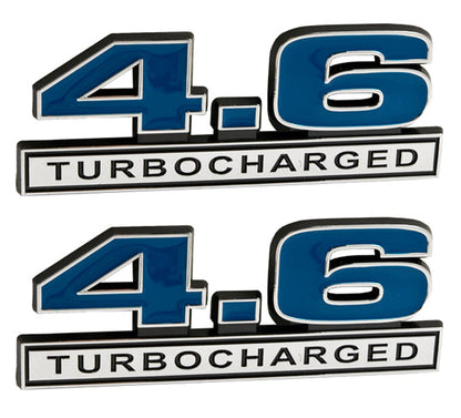 4.6 Liter Turbocharged Engine Emblems Badges in Chrome & Blue - 5" Long Pair
