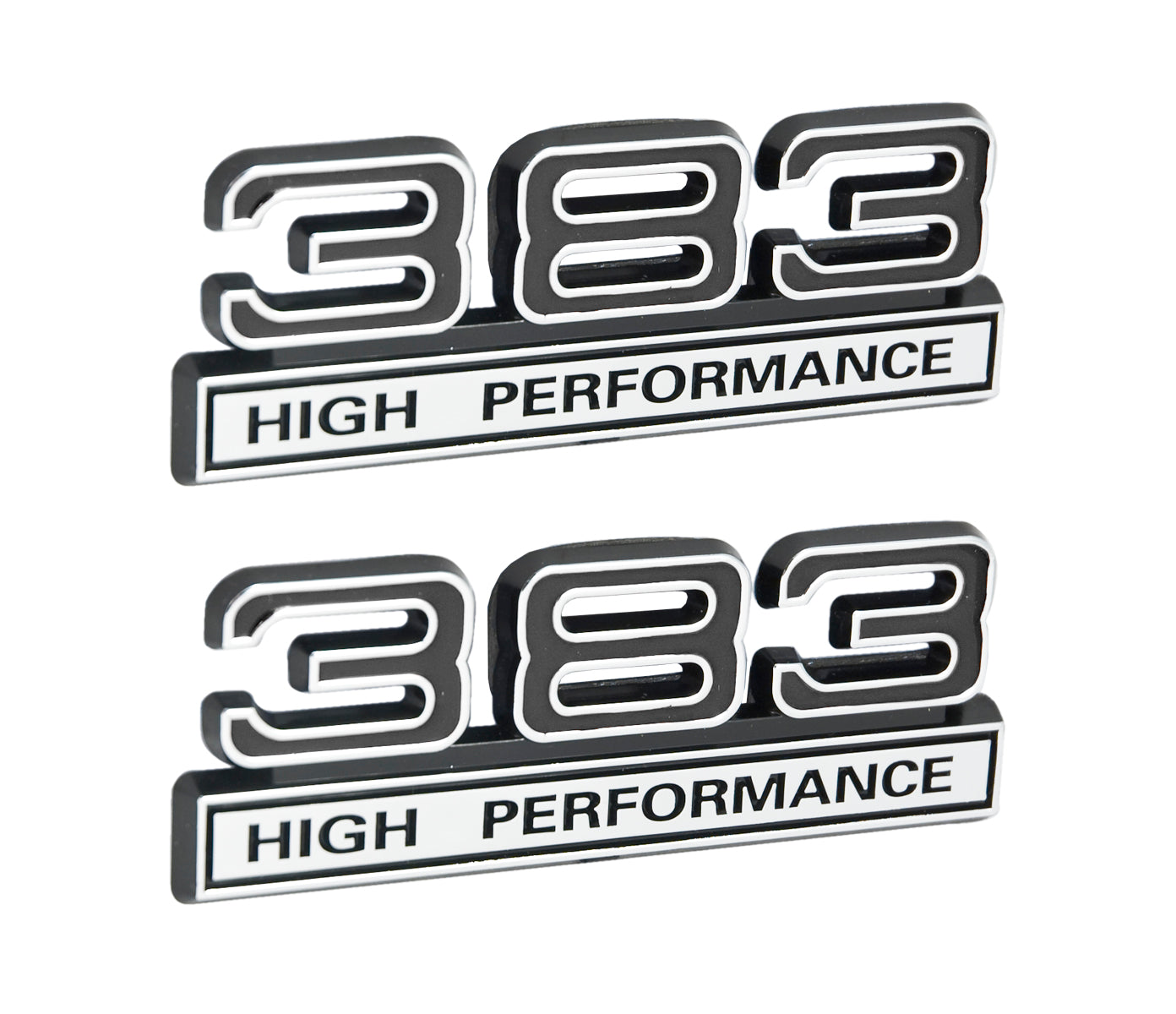 383 High Performance 6.3L Engine Emblems Badges in Chrome & Black - 4" Long Pair