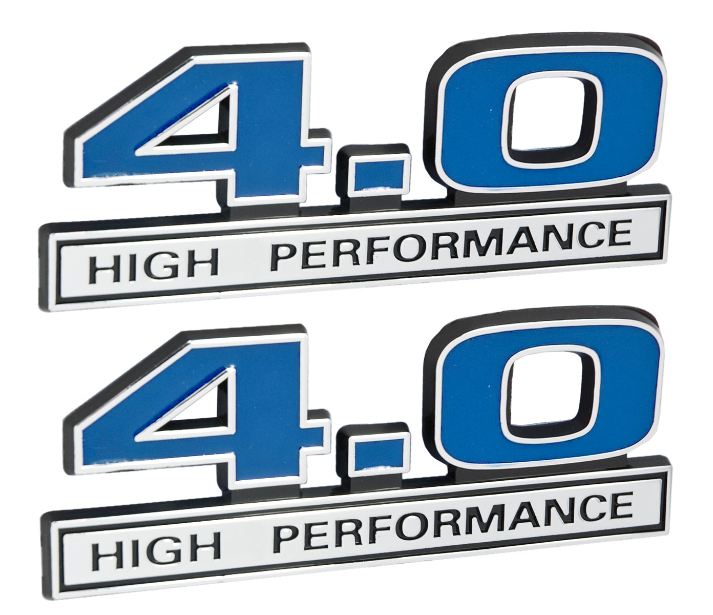 4.0 Liter High Performance Engine Emblems Badge in Chrome & Blue - 5" Long Pair