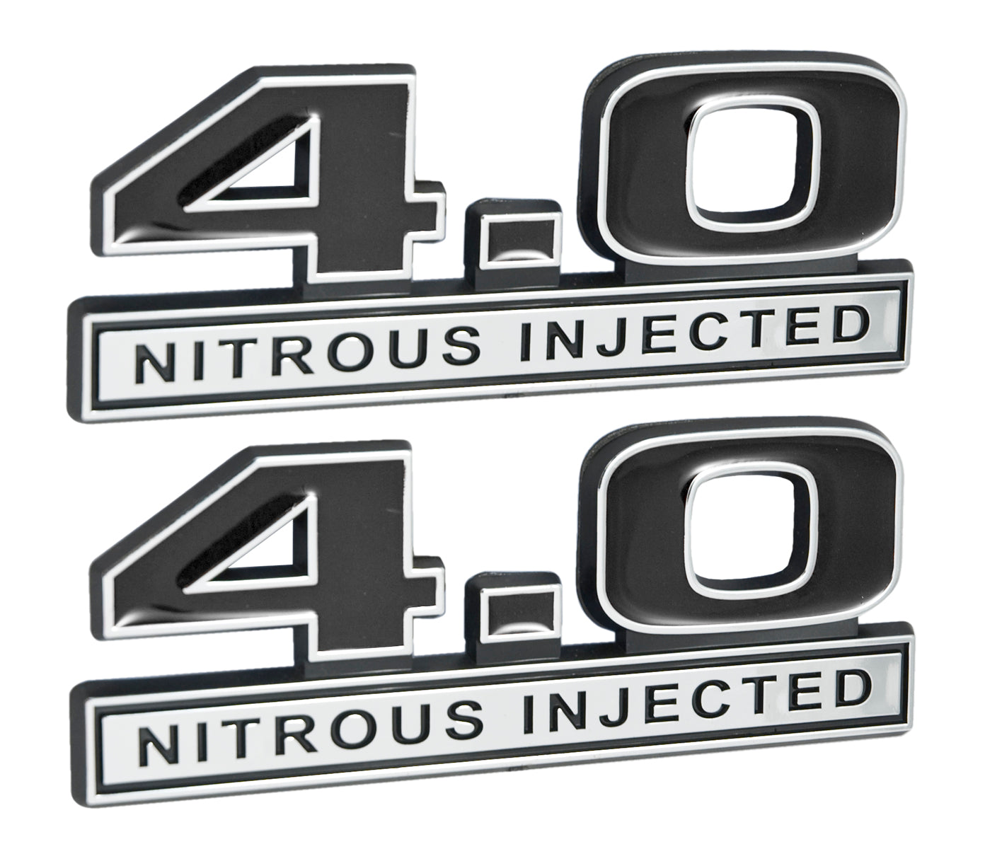4.0 Nitrous Injected Engine Emblems Badges in Chrome & Black - 5" Long Pair