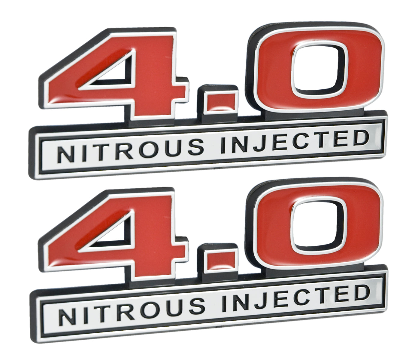 4.0 Nitrous Injected NOS Engine Emblems Badges in Chrome & Red - 5" Long Pair