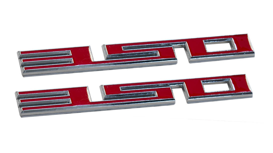 350 Ford Mustang Chrome & Red Metal 5.5" Fender Trunk Emblems Badges Pair