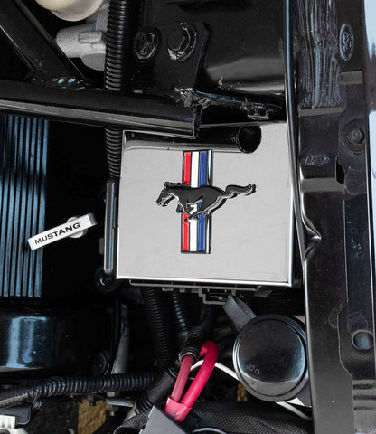1998-2004 Mustang Polished Fuse Box Cover w/ Black Tribar Running Horse Emblem
