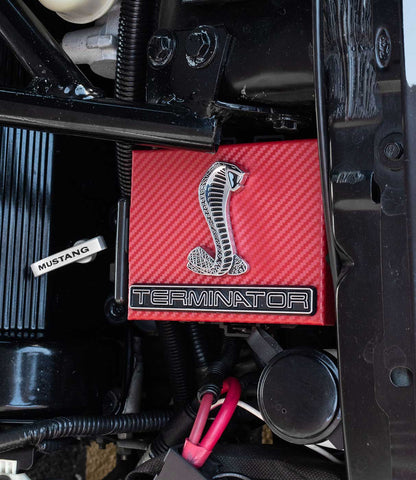 1998-2004 Mustang Red Carbon Fiber Fuse Box Cover w/ Cobra & Terminator Emblems