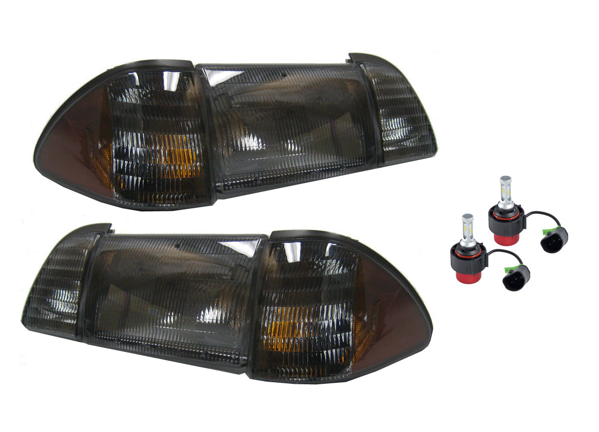 1987-1993 Mustang Smoked Headlights 6 piece Set Amber Sides 9004 6500K LED Bulbs