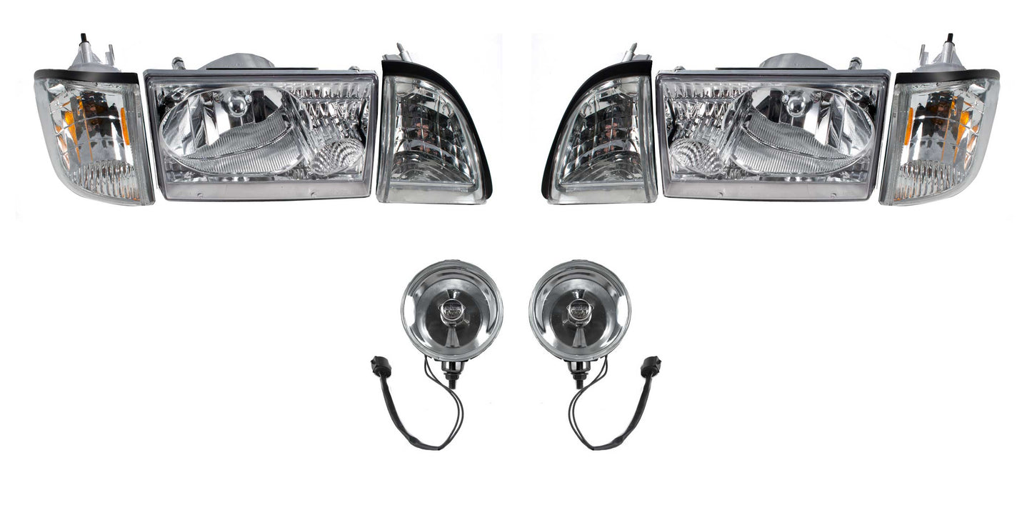 1987-1993 Ford Mustang Euro Clear Headlights w/ Amber Sides & Fog Lights Kit