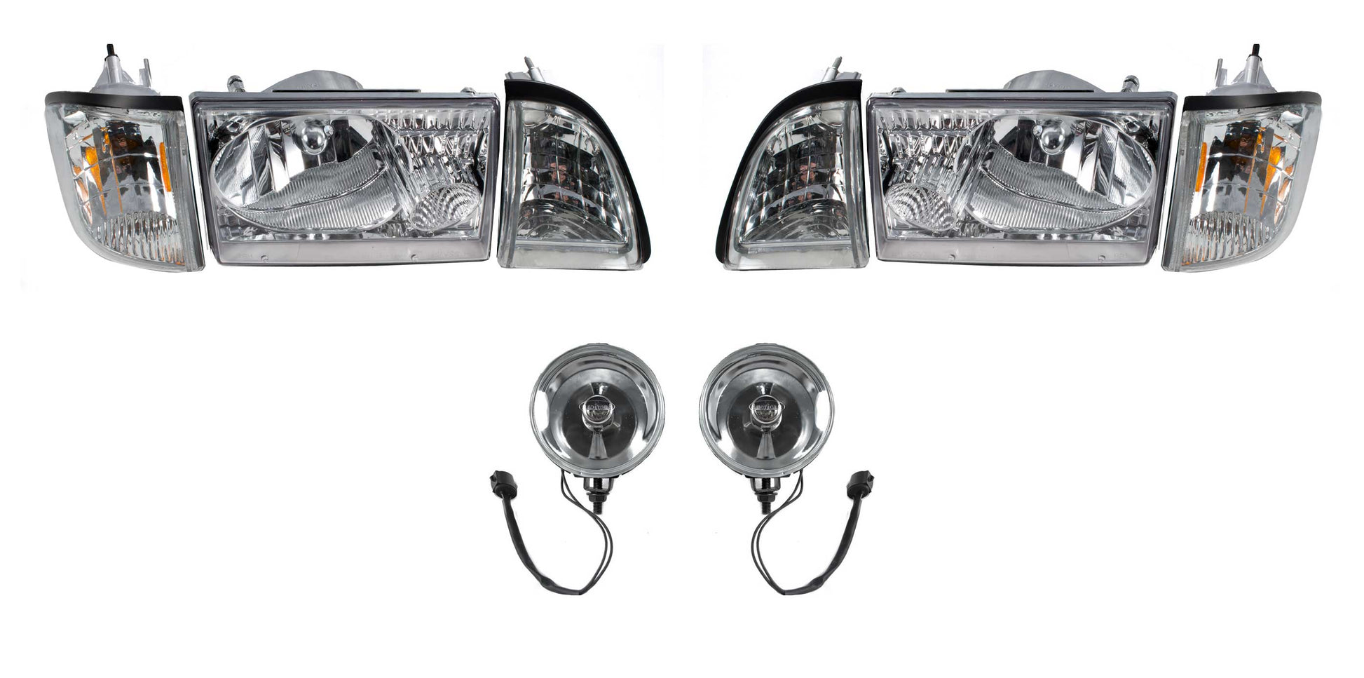 1987-1993 Ford Mustang Euro Clear Headlights w/ Amber Sides & Fog Lights Kit