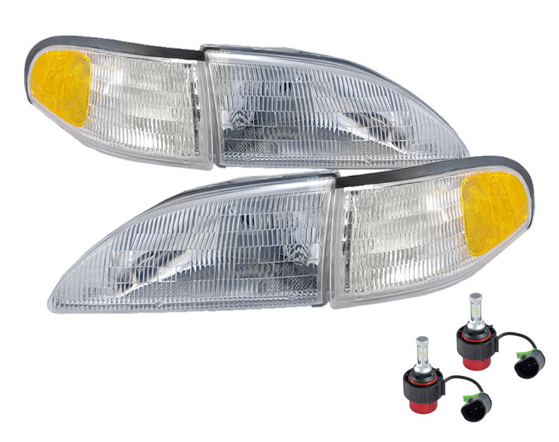 1994-1998 Mustang Stock Headlights 4 piece Set Amber Sides 9007 6500K LED Bulbs