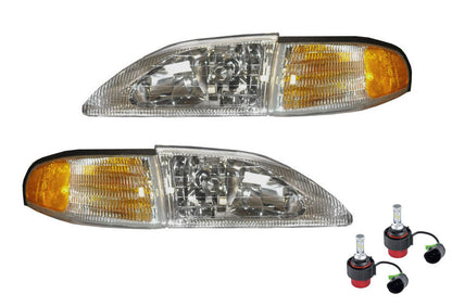 1994-1998 Mustang Cobra Headlights 4 piece Set Amber Sides 9007 6500K LED Bulbs