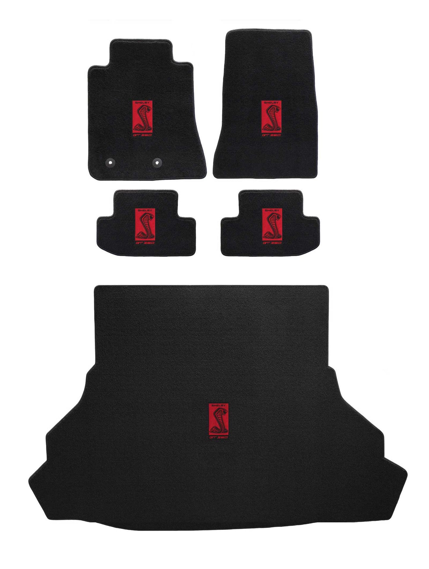 2015-2020 Shelby Black Velourtex 5pc Front Floor Rear Trunk Mat Red GT350R Snake