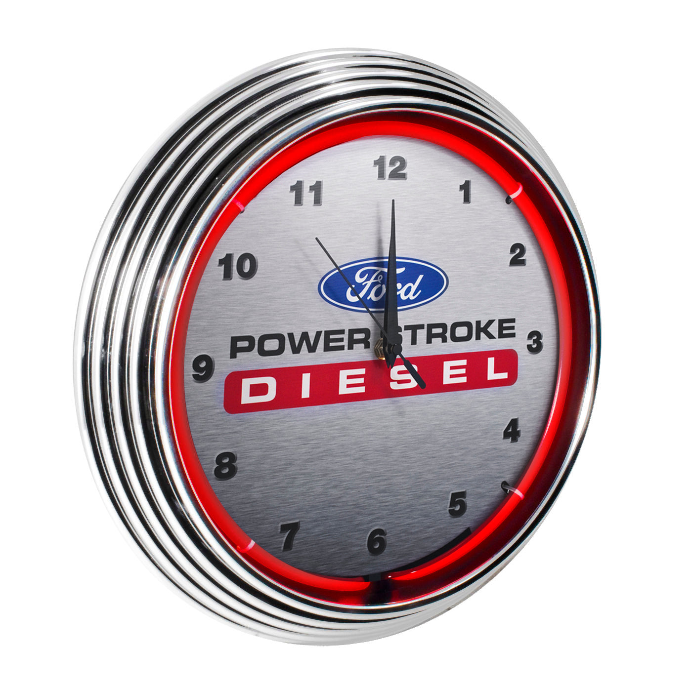 Ford Power Stroke Diesel Neon Garage Wall Clock Chrome Trim w/ Red Illumination