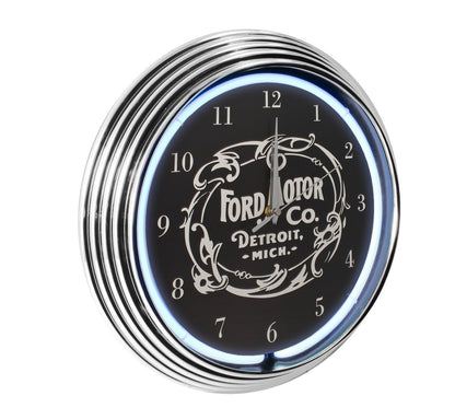 Ford Motor Company White Light Up Neon Garage Man Cave Wall Clock w/ Chrome Trim