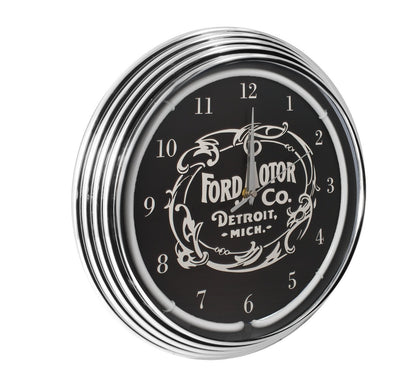 Ford Motor Company White Light Up Neon Garage Man Cave Wall Clock w/ Chrome Trim