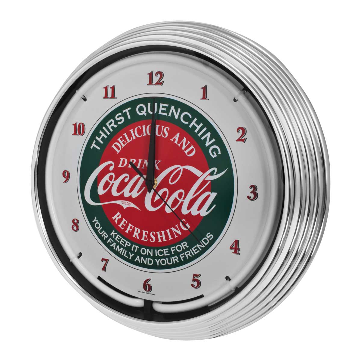 Coca Cola Retro Neon Lighted Wall Garage Clock Green Illumination & Chrome Trim