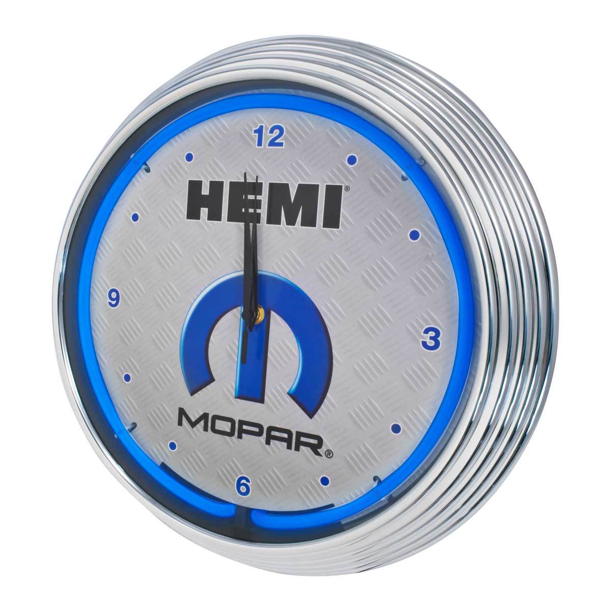 MOPAR Hemi Logo Neon Lighted Garage Wall Clock w Blue Illumination & Chrome Trim