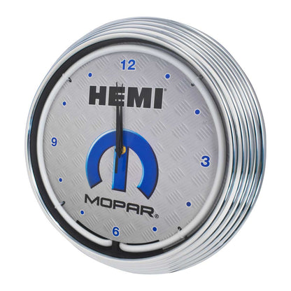 MOPAR Hemi Logo Neon Lighted Garage Wall Clock w Blue Illumination & Chrome Trim