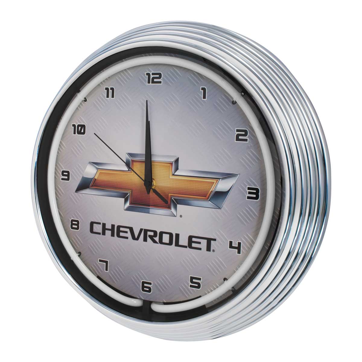 Chevy Bowtie Logo Chrome Neon Lighted Wall Clock w/ Yellow Illumination
