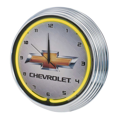 Chevy Bowtie Logo Chrome Neon Lighted Wall Clock w/ Yellow Illumination