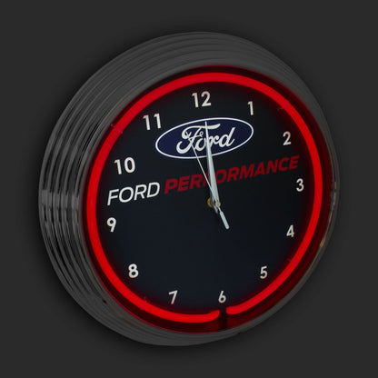 Ford Performance Neon Garage Man Cave Wall Clock Chrome Trim w/ Red Illumination