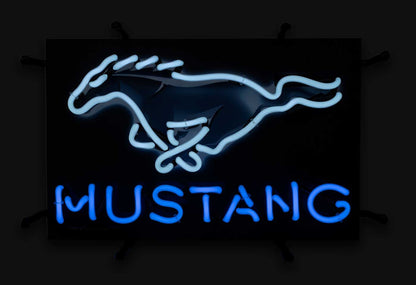 Ford Mustang Running Horse Pony Logo 17" x 11" Blue & White Neon Light Up Sign