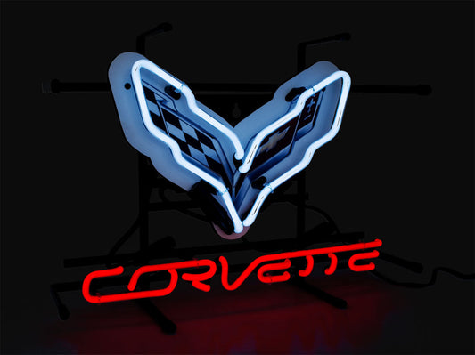 Corvette C7 Stingray Neon White & Red Light Up Garage Wall Sign 17" x 12"