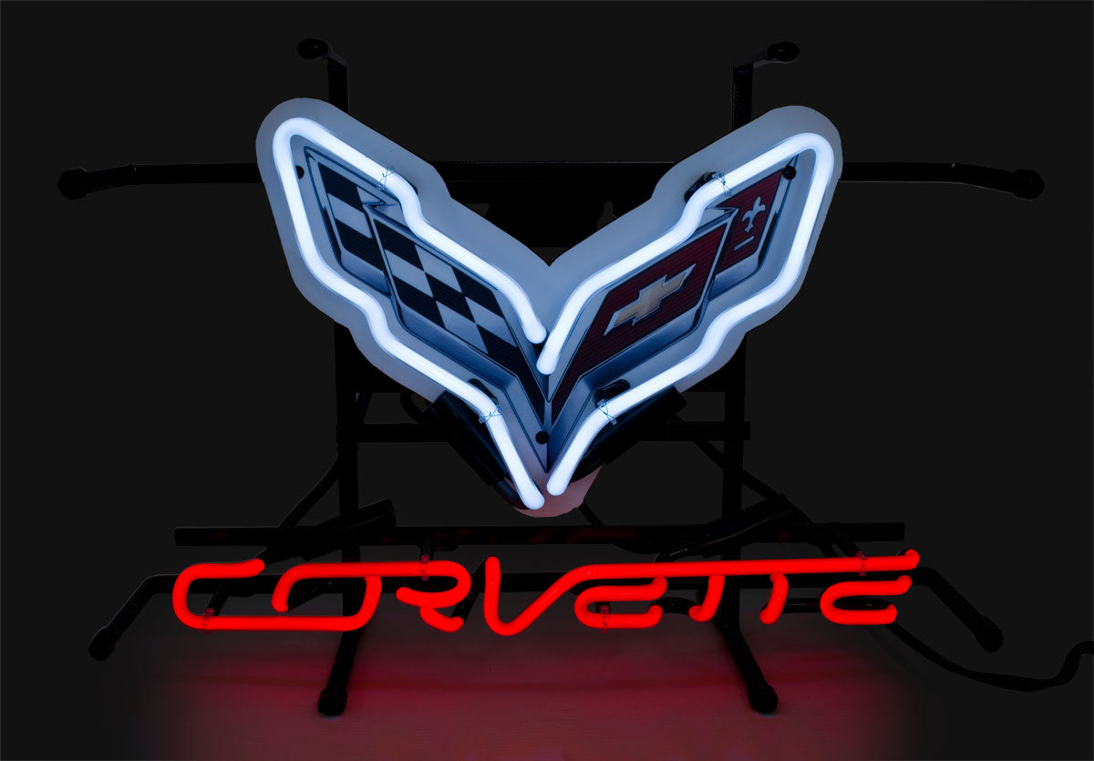 Corvette C7 Stingray Neon White & Red Light Up Garage Wall Sign 17" x 12"