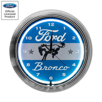 Ford Bronco White & Blue Light Up Neon Garage Man Cave Wall Clock w/ Chrome Trim