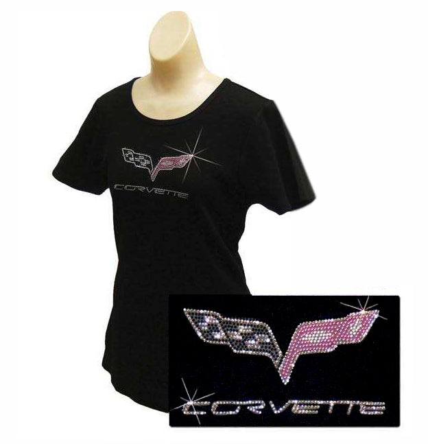 Women Ladies Black C6 Corvette Emblem Rhinestone Crystal Cotton T-Shirt - S