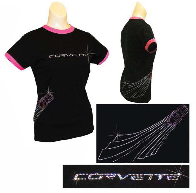 Women Ladies Black Corvette Racing Emblem Rhinestone Crystal Cotton T-Shirt - S