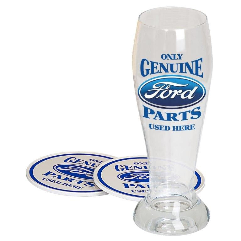 Only Genuine Ford Parts Used Here 22oz Pilsner Beer Glass w/ 2 Tin Coasters