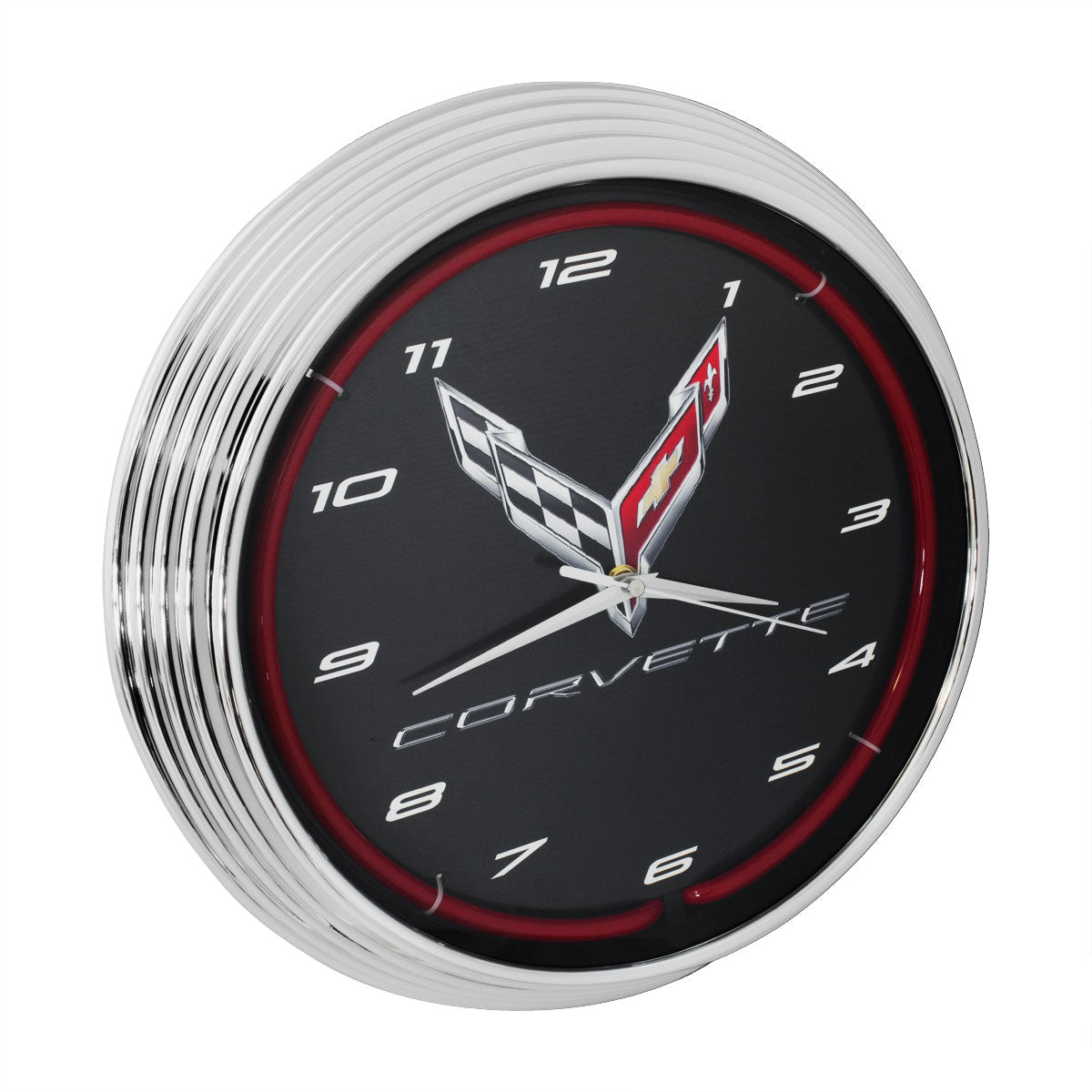 2020 C8 Corvette Red Light Up Neon Garage Wall Clock Crossed Flags Logo
