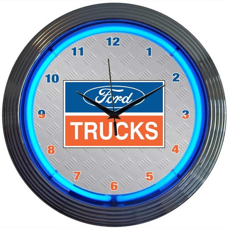 Ford Trucks F-150 F-250 F-350 Neon Wall Clock Chrome Trim w/ Blue Illumination