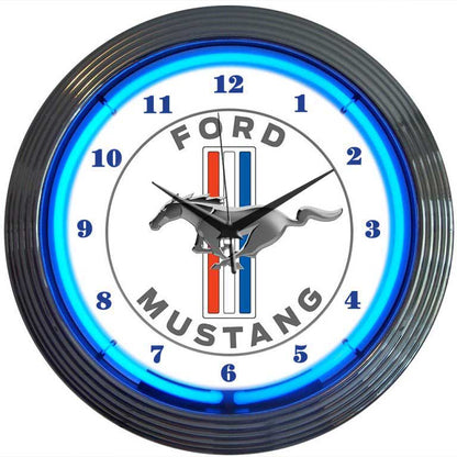 Ford Mustang Tribar Running Horse Neon Wall Clock White w/ Blue Illumination