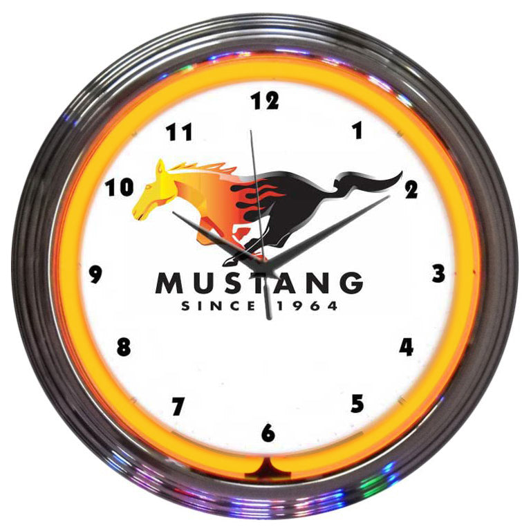 Ford Mustang Flaming Running Horse Pony REAL Neon Orange Wall Clock Man Cave