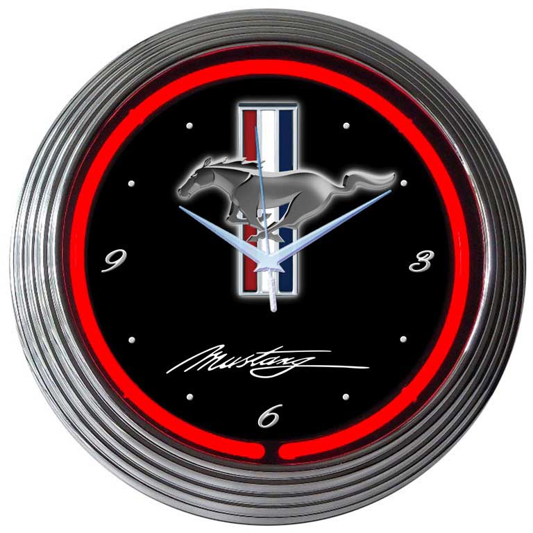 Ford Mustang Tribar Running Horse Neon Wall Clock Black w/ Red Illumination