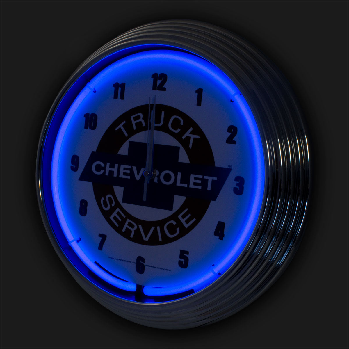 Chevrolet Chevy Truck Service Bowtie Blue Neon Lighted Wall Garage Clock Chrome