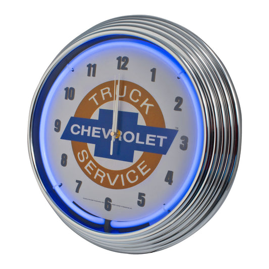 Chevrolet Chevy Truck Service Bowtie Blue Neon Lighted Wall Garage Clock Chrome