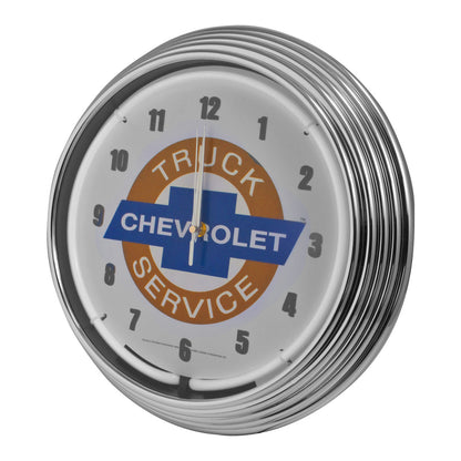 Chevrolet Chevy Truck Service Bowtie Blue Neon Lighted Wall Garage Clock Chrome