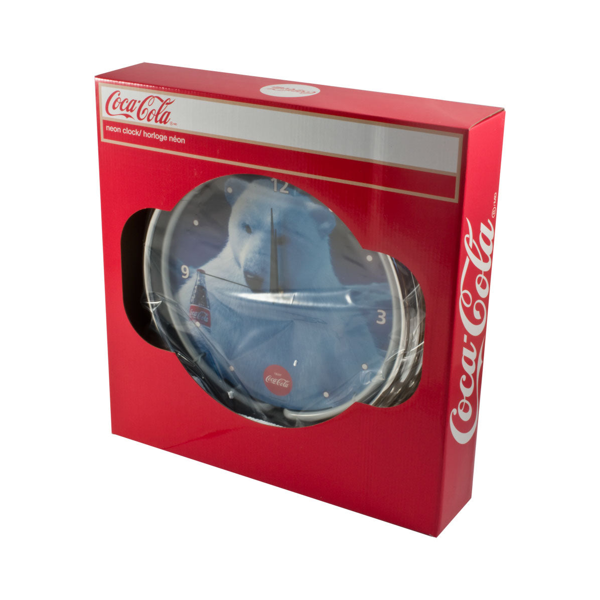 Coca Cola Polar Bear Retro Blue Neon Lighted Wall Garage Clock w Chrome Trim