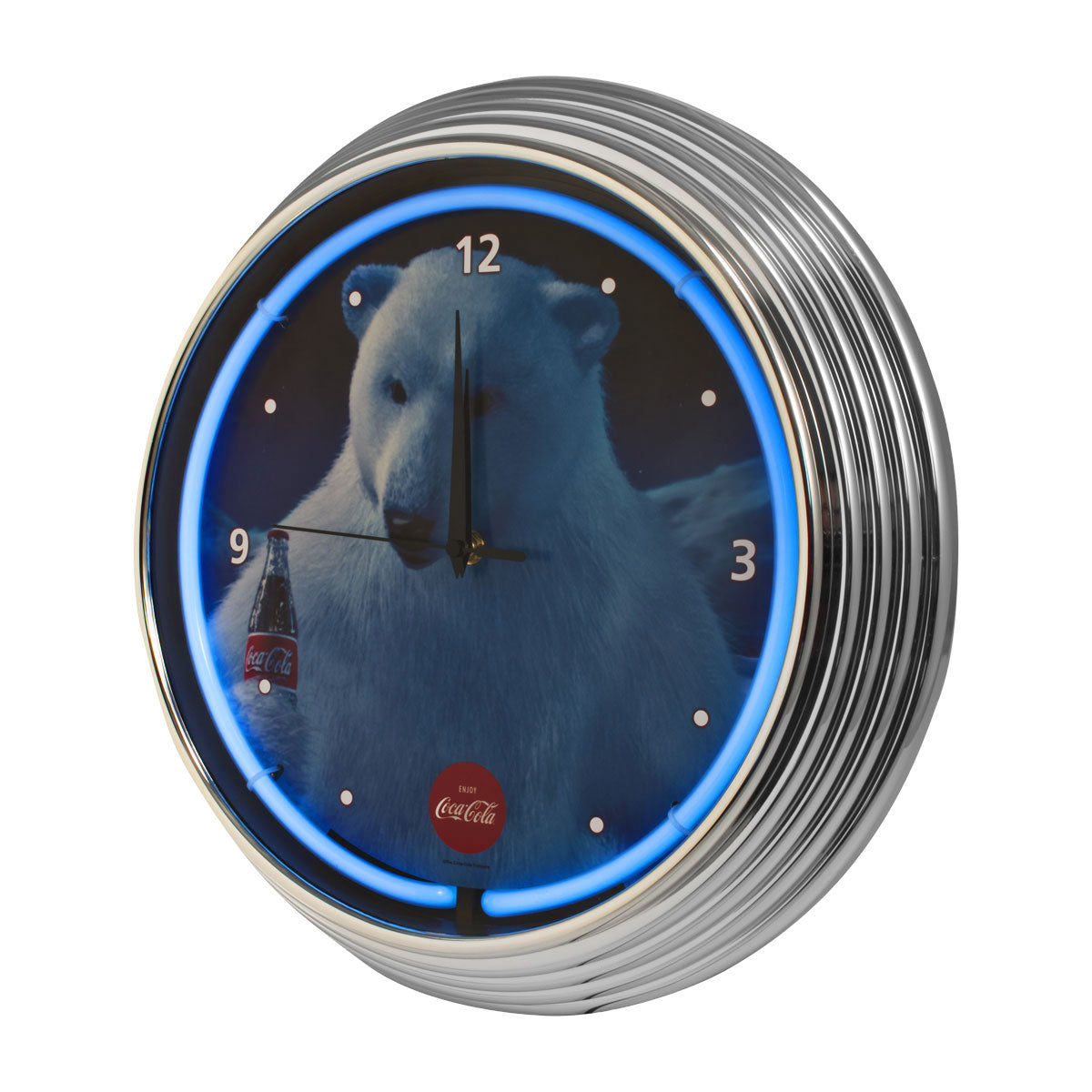 Coca Cola Polar Bear Retro Blue Neon Lighted Wall Garage Clock w Chrome Trim