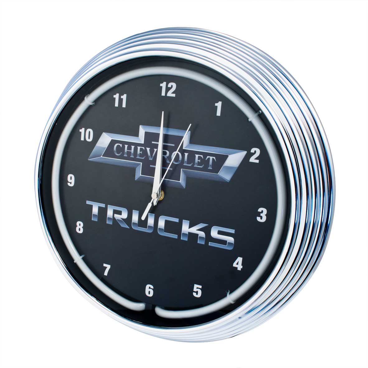 Chevrolet Chevy Trucks Bowtie Blue Illuminated Light Up Neon Clock w Chrome Trim