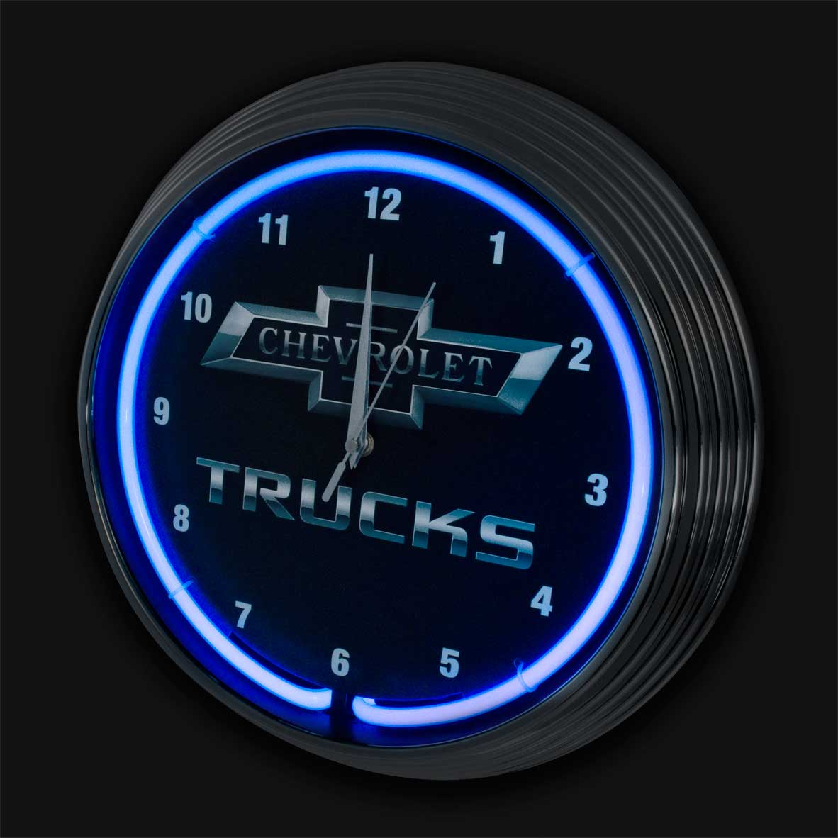 Chevrolet Chevy Trucks Bowtie Blue Illuminated Light Up Neon Clock w Chrome Trim