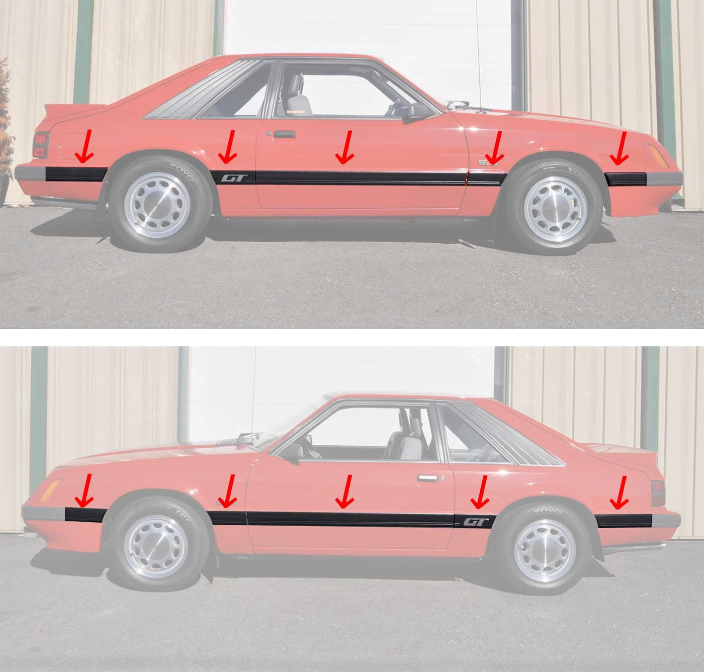 1985-1986 Mustang GT 10 Piece Body, Front, Quarter, Side Moldings Mouldings Kit