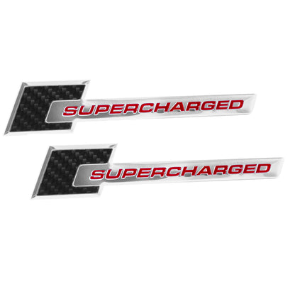 Carbon Fiber Chrome 6" Supercharged Aluminum Metal Emblem w/ Red Lettering