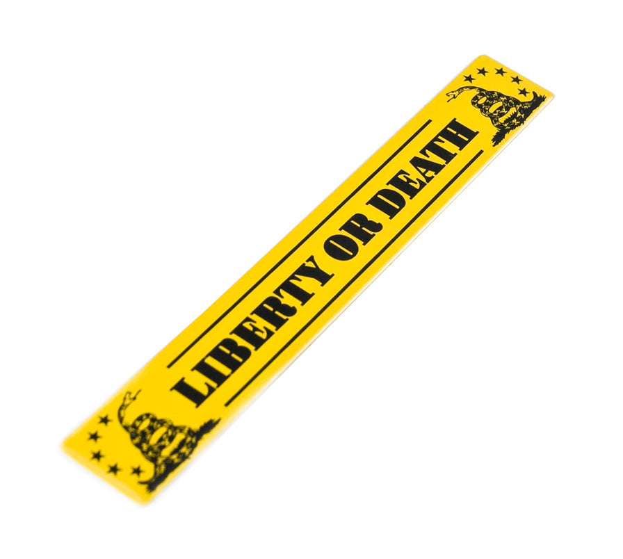 Liberty or Death Gadsden Flag 5 3/4" x 3/4" Yellow Aluminum Metal Emblems Pair