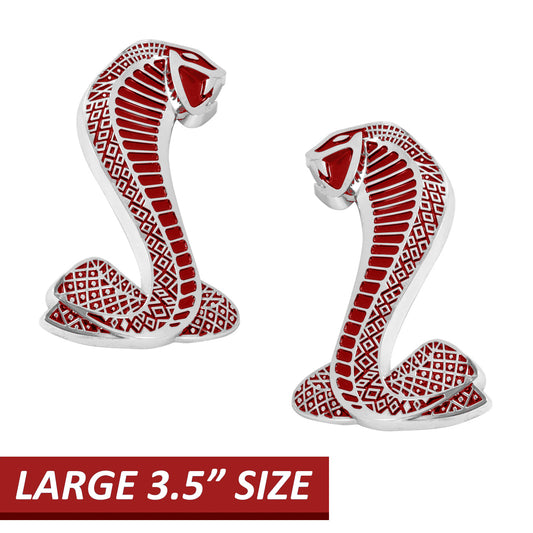 Ford Mustang LARGER 3 1/2" Cobra Snake Fender Side Emblems Red & Chrome Pair