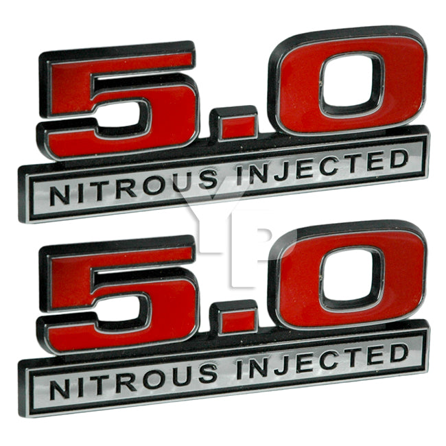 Red & Chrome 5.0 V8 302 Engine Nitrous Injected Emblem Badge Logo - 5" Long Pair