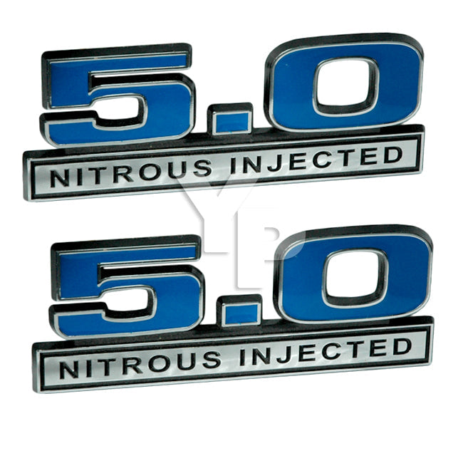 Blue & Chrome 5.0 V8 Engine Nitrous Injected Emblems  Badge Logo - 5" Long Pair